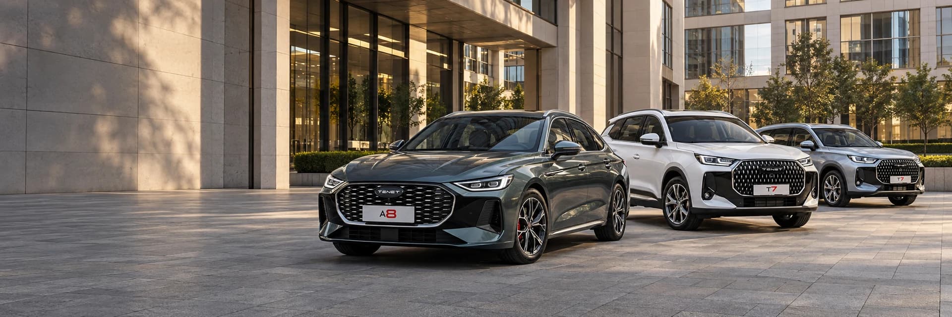 Корпоративный автопарк TENET A8 и T7 у бизнес-центра — покупка автомобилей для бизнеса в СПб